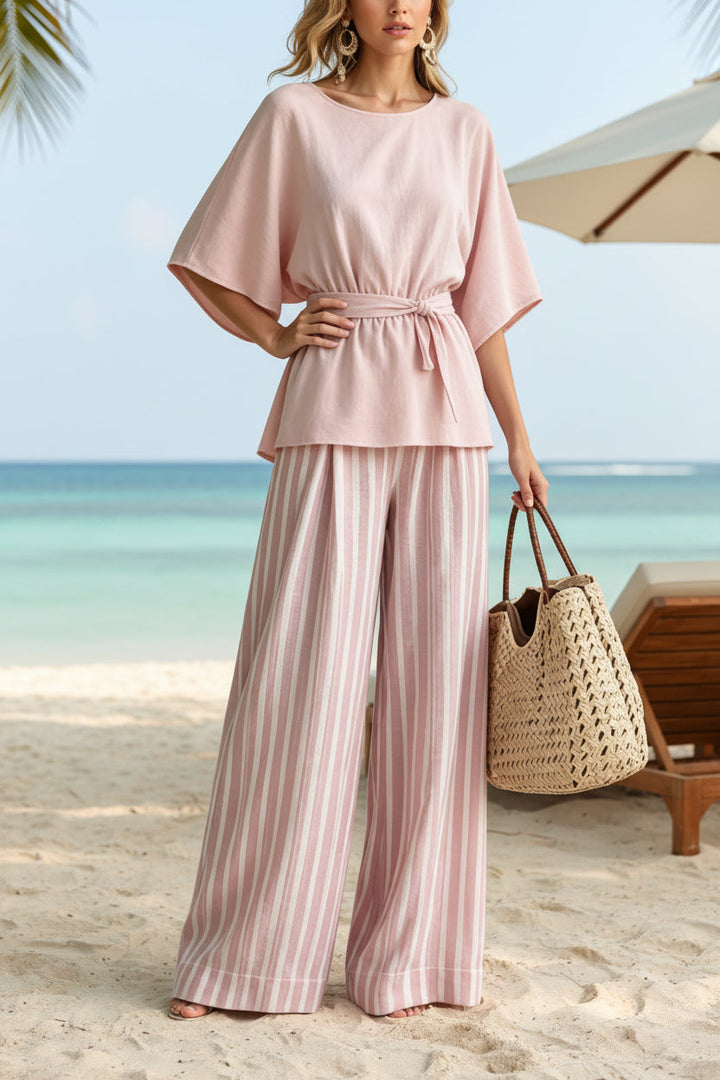 Pink Batwing Waist-Tie Top &amp; Striped Wide-Leg Pants Set | S–2XL