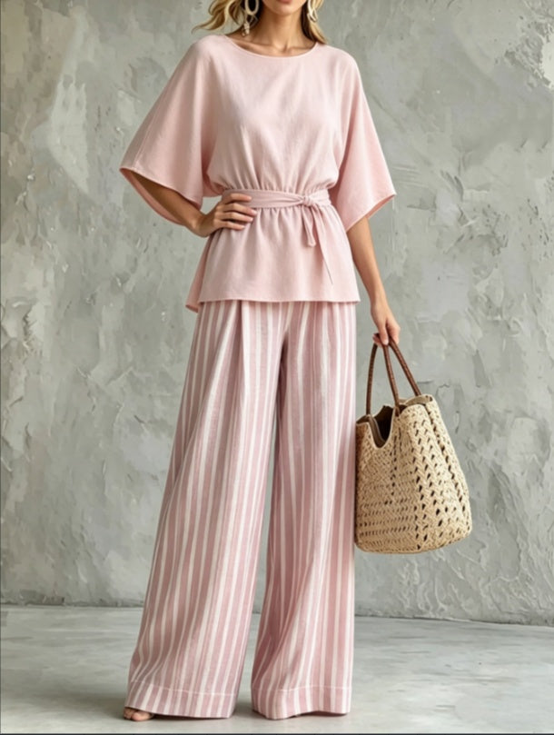 Pink Batwing Waist-Tie Top &amp; Striped Wide-Leg Pants Set | S–2XL