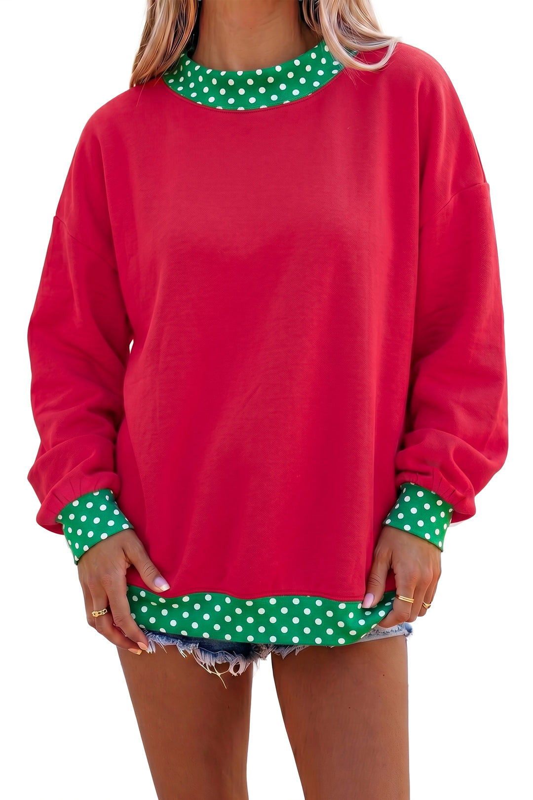 Red Colorblock Polka Dot Contrast Trim Oversized Sweatshirt