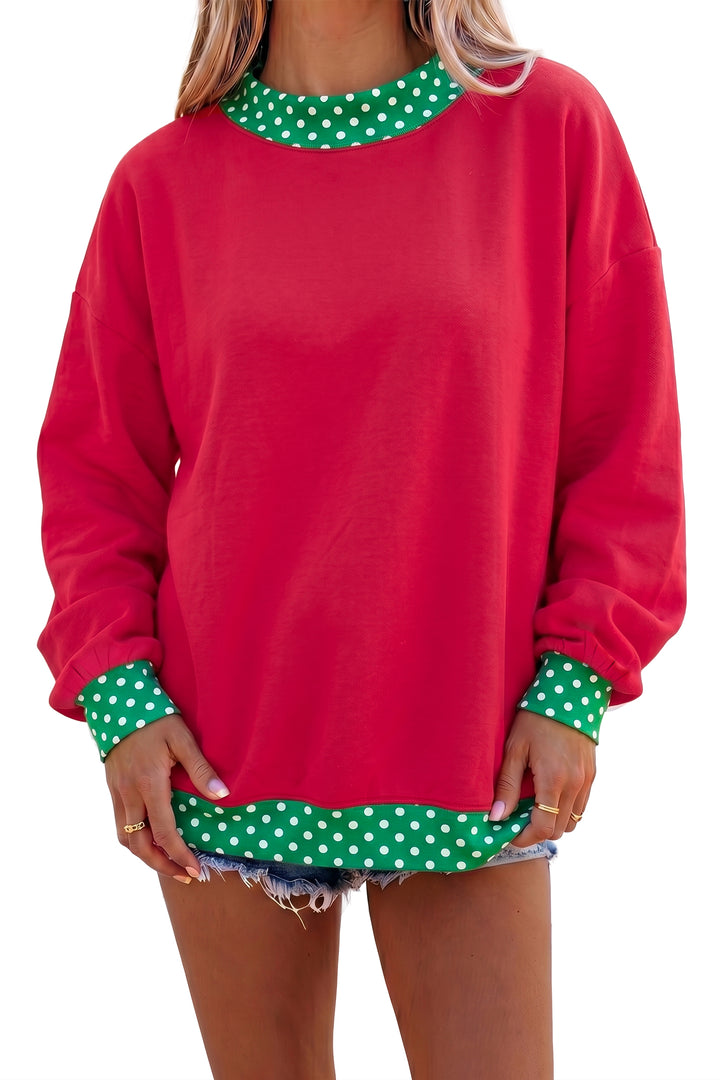 Red Colorblock Polka Dot Contrast Trim Oversized Sweatshirt
