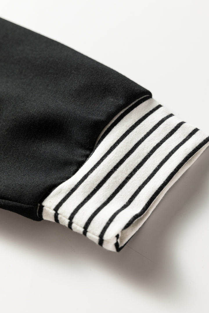 Black Plus Size Striped Cuffs Polo Collar Patchwork Long Sleeve Ruffle Hem Dress