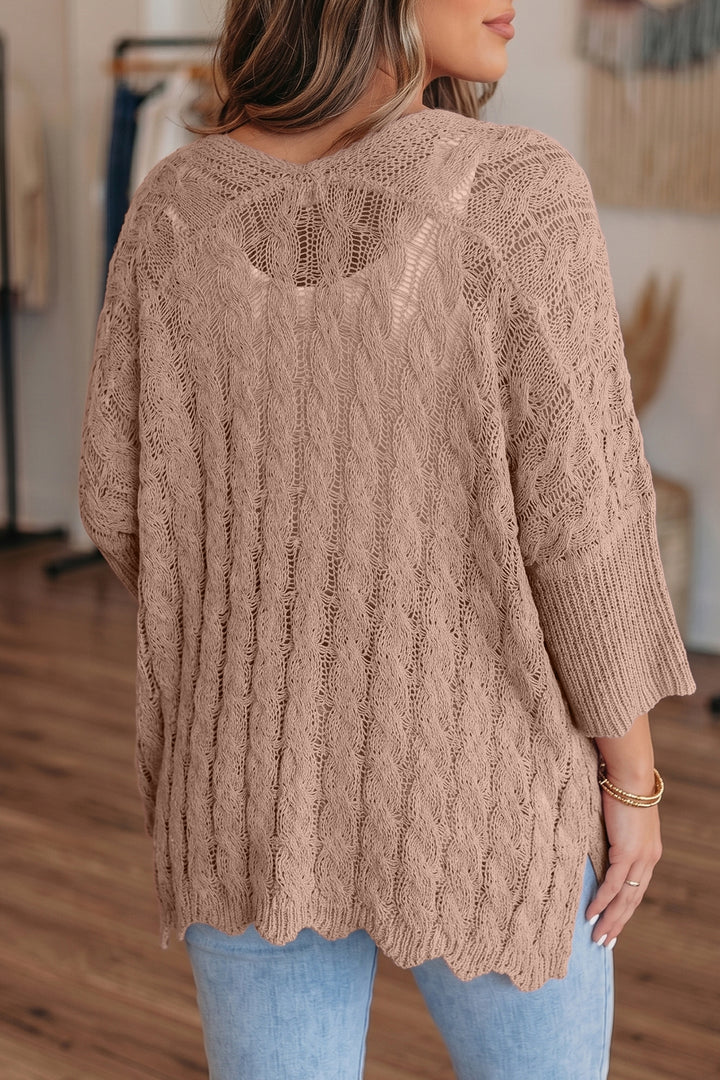 Old Rose Hollowed Pattern Knit Drop Shoulder Open Sweater Cardigan