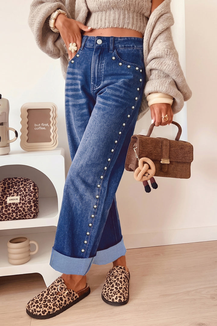 Black Studded Detail Straight Leg Casual Loose Jeans