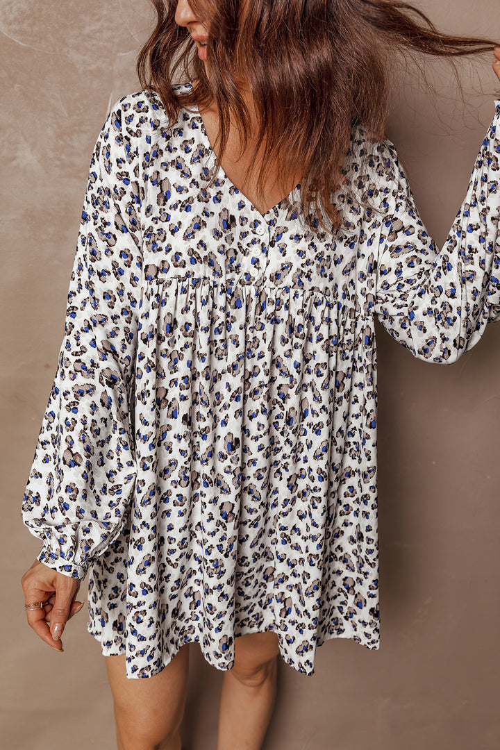 Multicolour Leopard Print V Neck Button Detail Long Sleeve Mini Dress