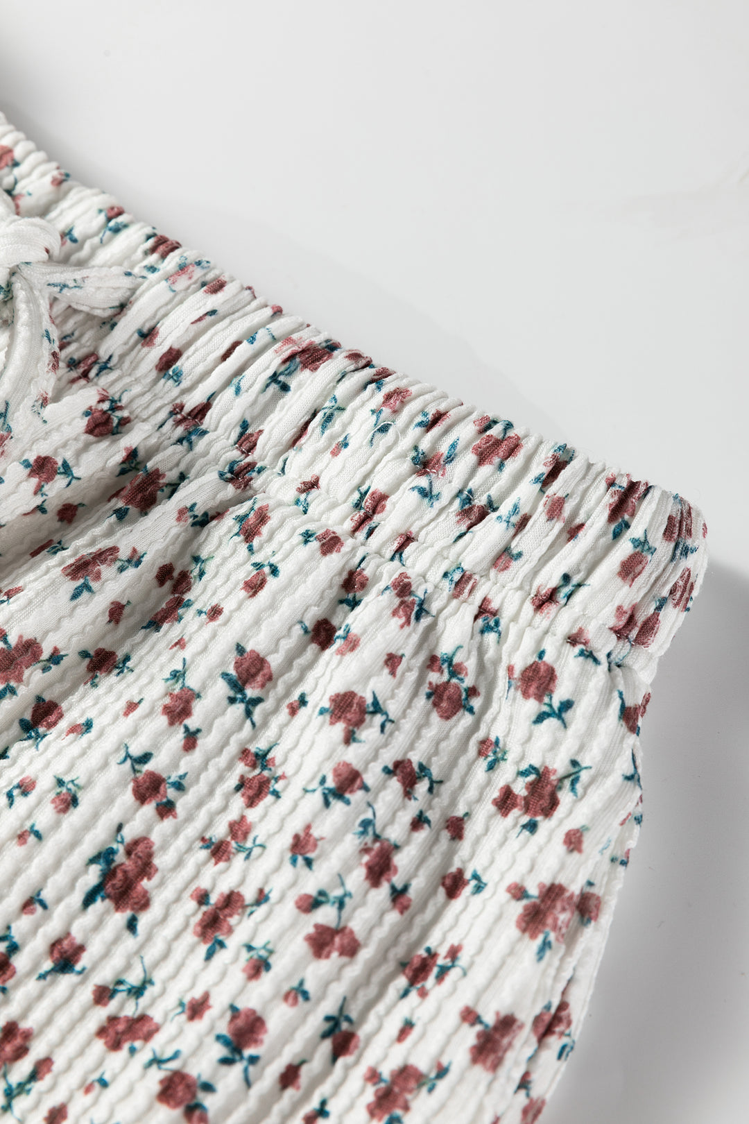 White Spiral Ribbed Floral Print Long Sleeve Henley Top Drawstring Short Set