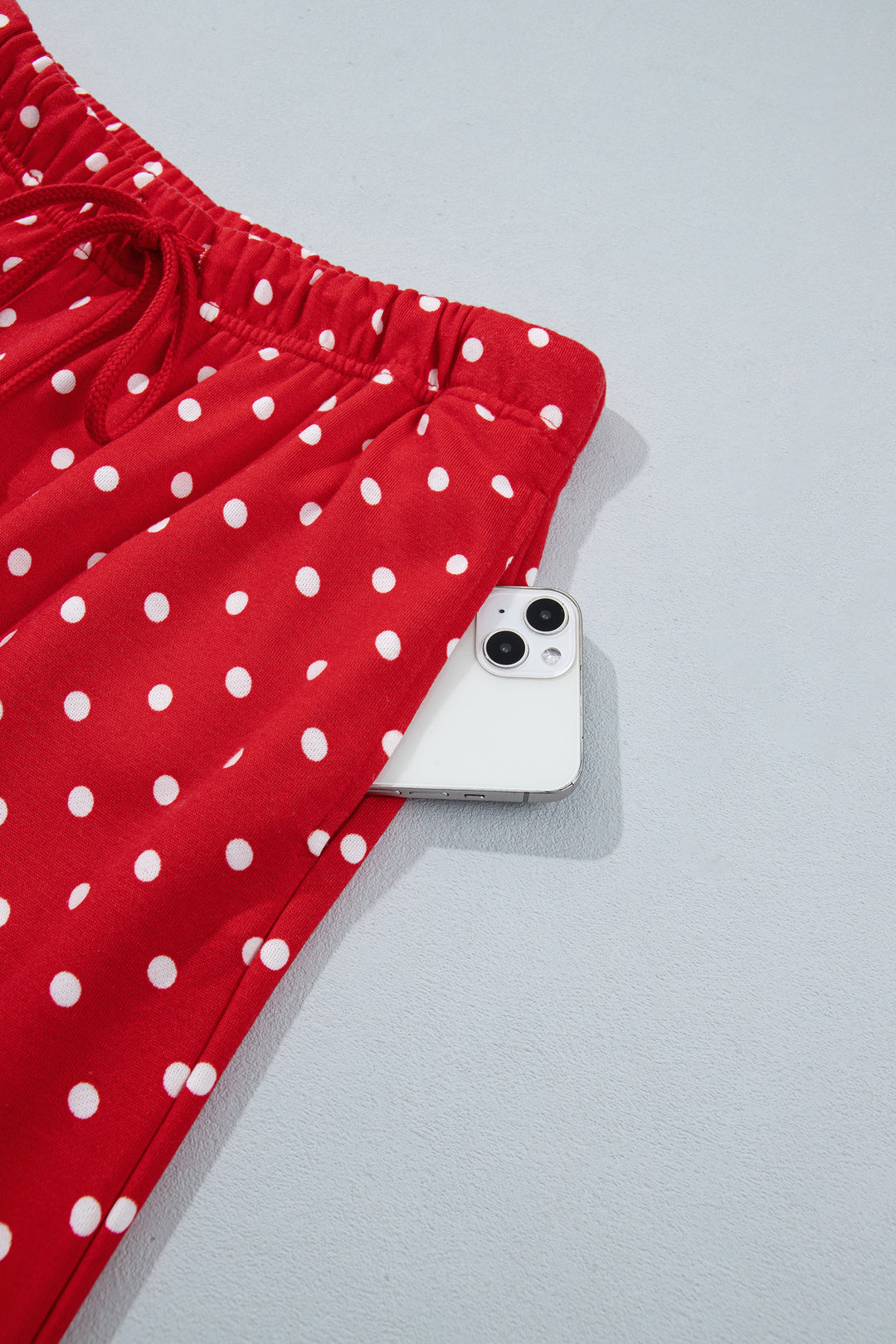 Red Polka Dot Drawstring Wide Leg Long Sleeve Top Pant Set
