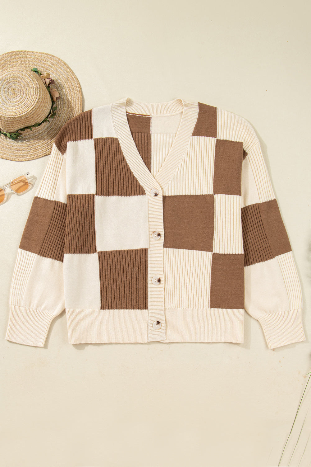 Khaki Checkered Ribbed Texture Knit Plus Size Cardigan Sweater