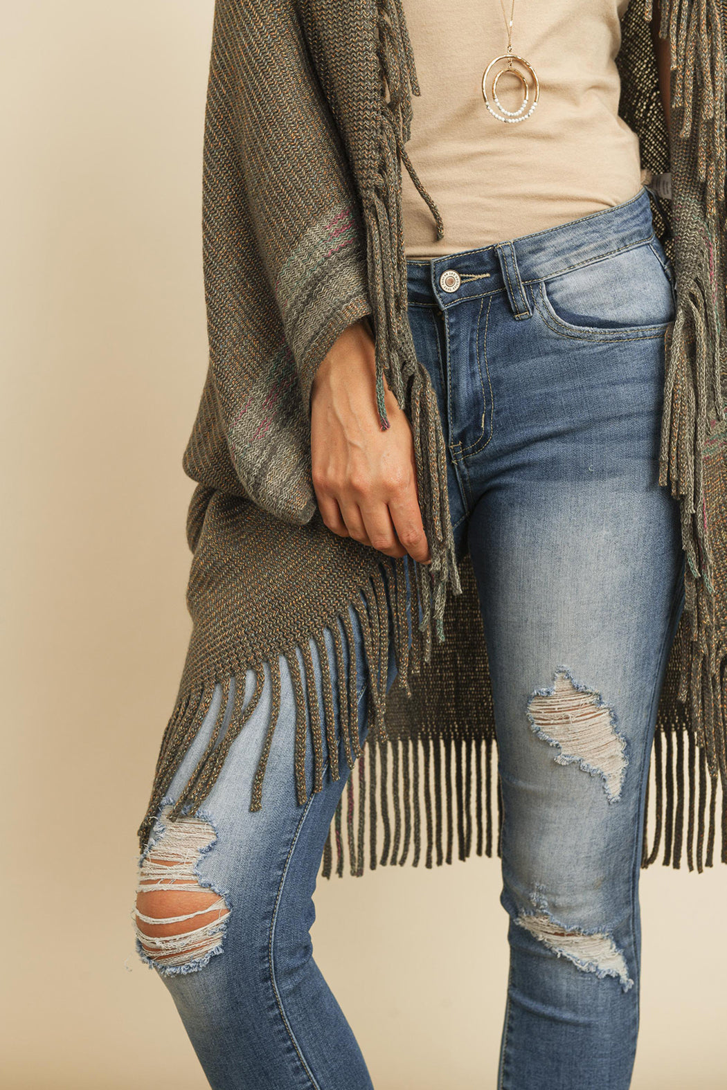 Fringe Stripe Open Front Kimono