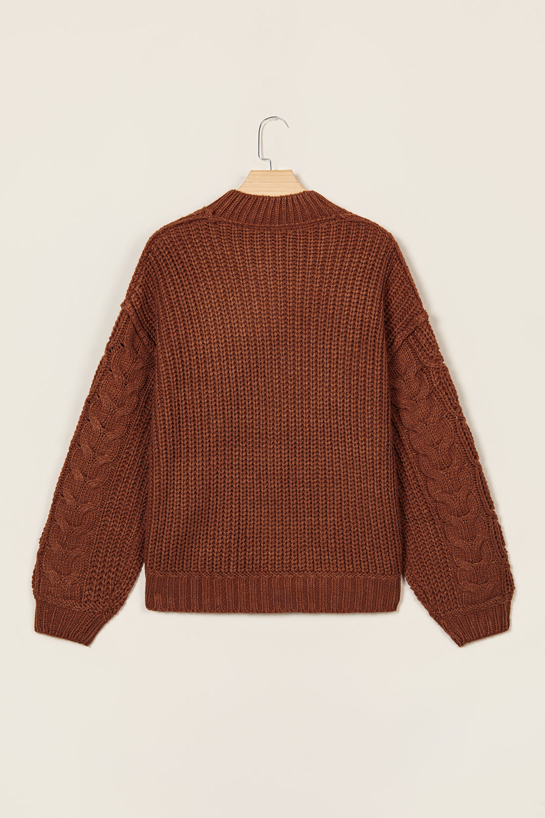 Coffee Solid Color Cable Knit High Neck Loose Pullover Sweater