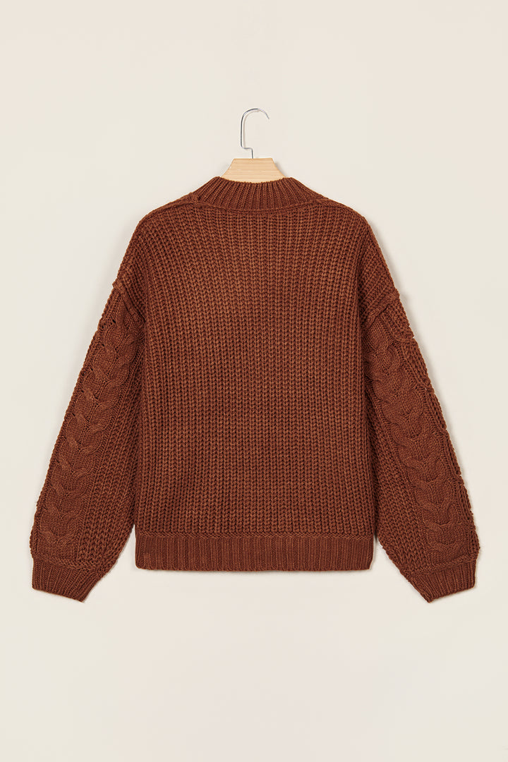 Coffee Solid Color Cable Knit High Neck Loose Pullover Sweater
