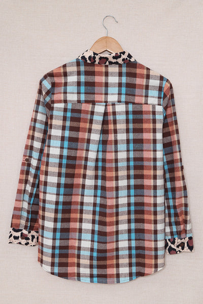 Multicolor Plaid Print Leopard Trim Shirt Jacket