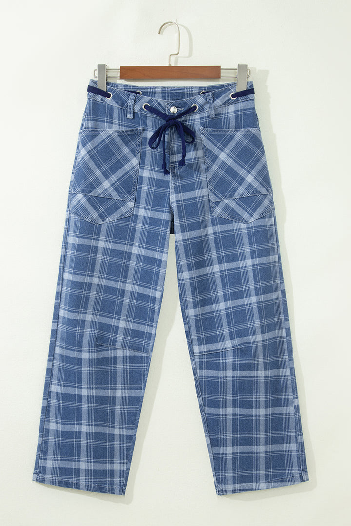 Sky Blue Plaid Denim Grommet Drawstring Waist Ankle-Length Jeans