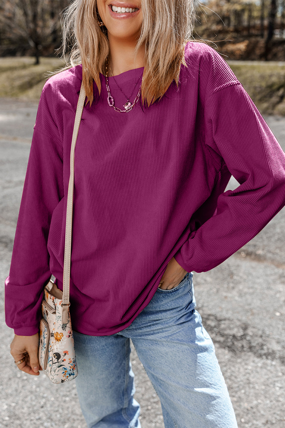 Festival Fuchsia Ribbed Corduroy Oversized Sweatshirt