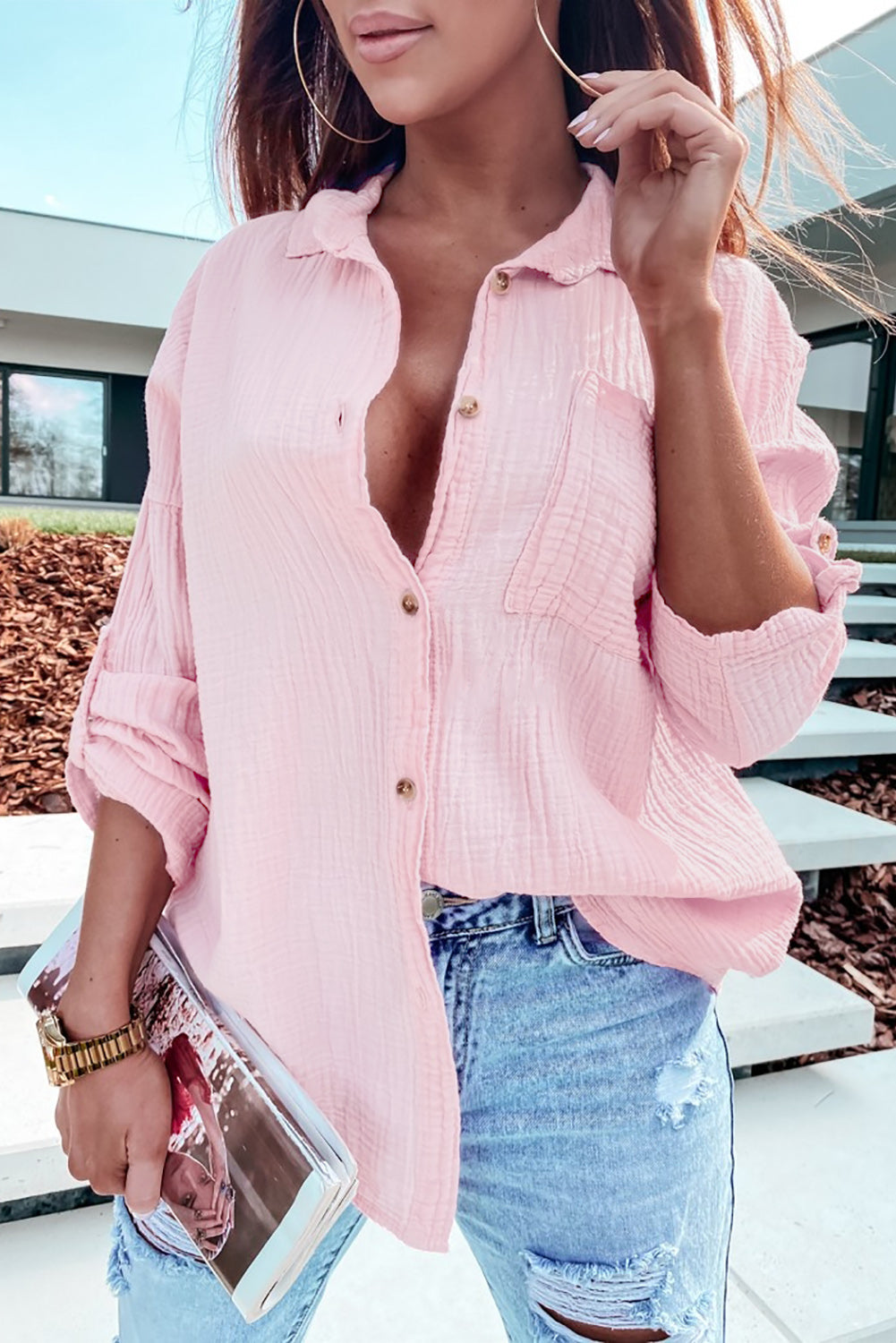 Pink Crinkle Texture Roll-tab Sleeve Shirt