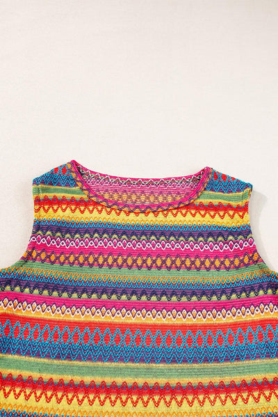 Close-up of neckline on yellow ethnic wavy pattern top