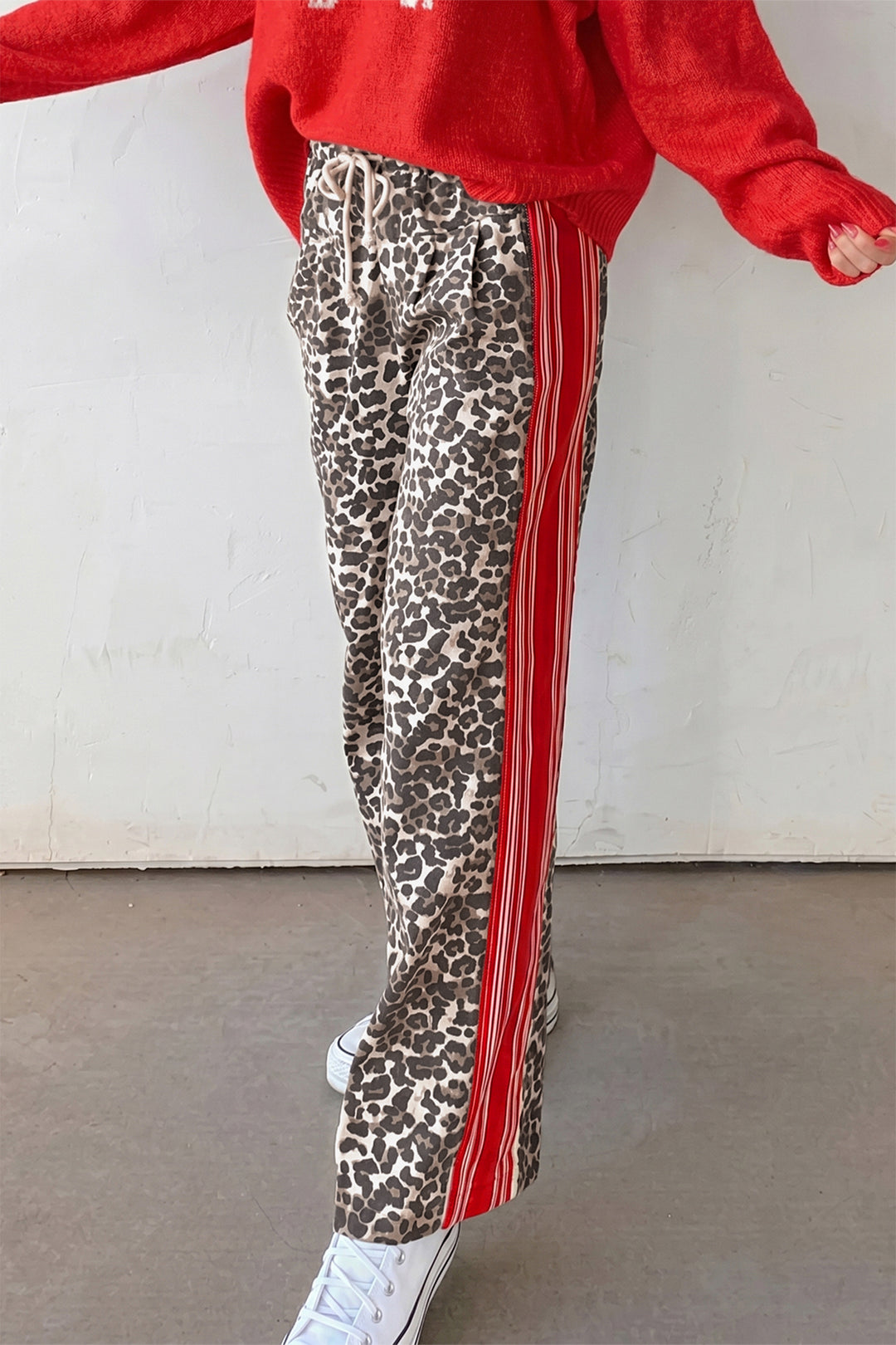 Brown Leopard Patchwork Elastic Waist Jeans
