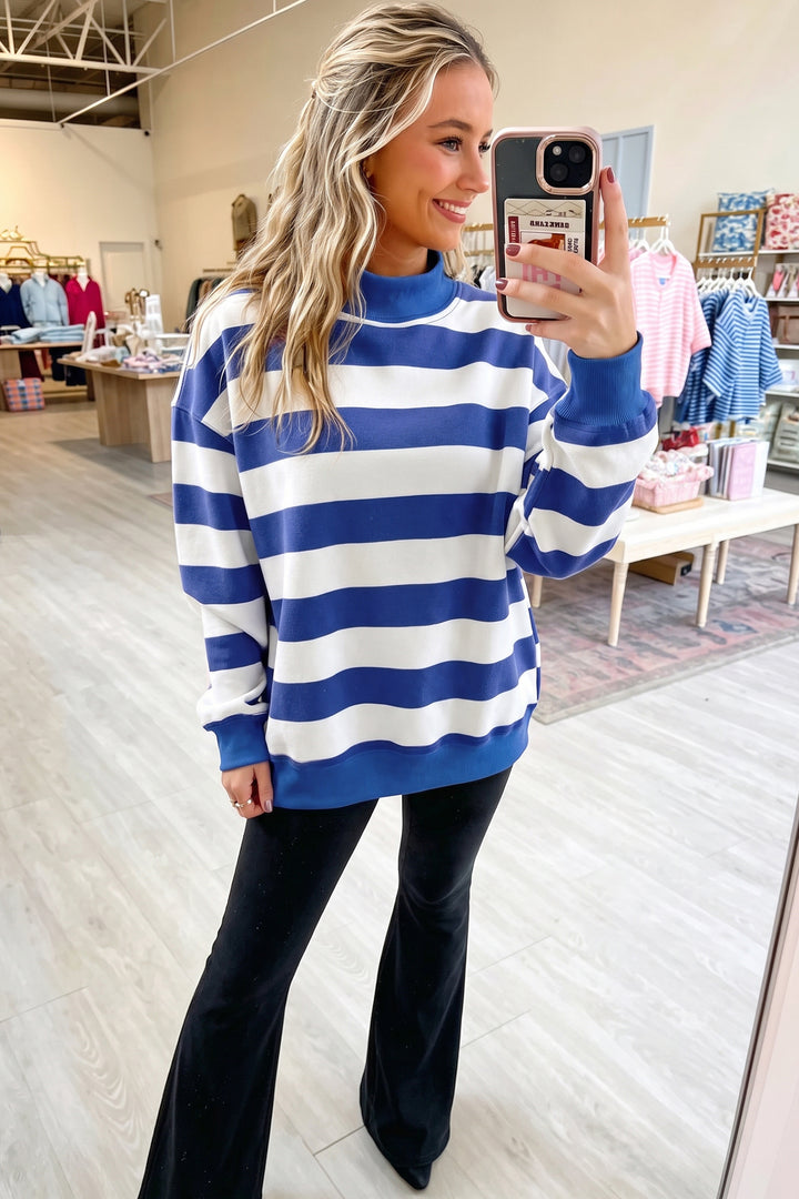 Blue Stripe Colorblock Mock Neck Relaxed Sweatshirt