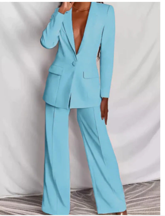 Lapel Button-Down Blazer &amp; Straight-Leg Trousers Suit