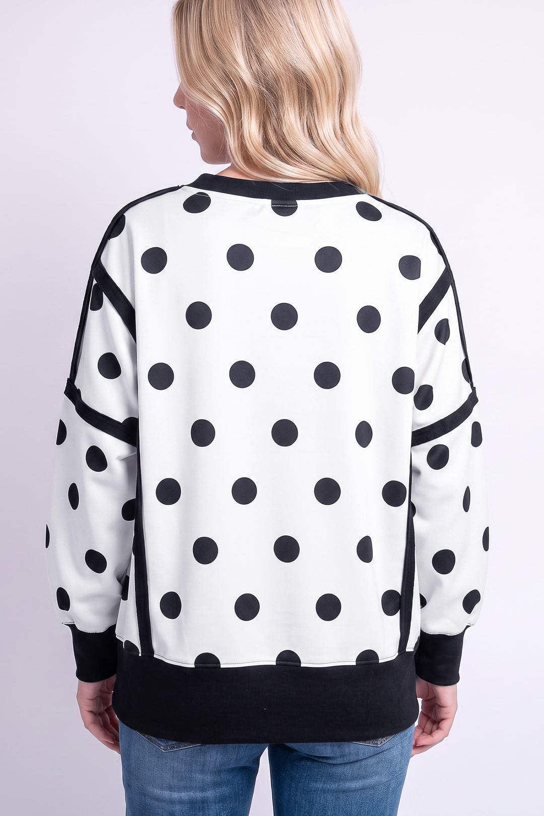 White Polka Dot Contrast Patchwork Round Neck Baggy Sweatshirt