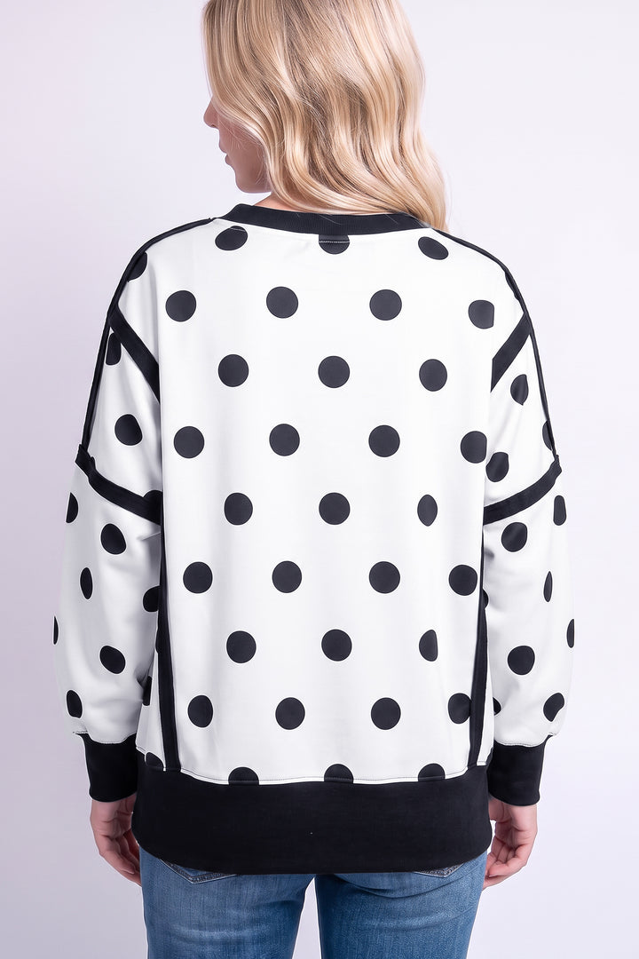 White Polka Dot Contrast Patchwork Round Neck Baggy Sweatshirt