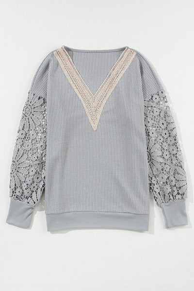 Gray Lace Splicing V Neck Puff Sleeve Top