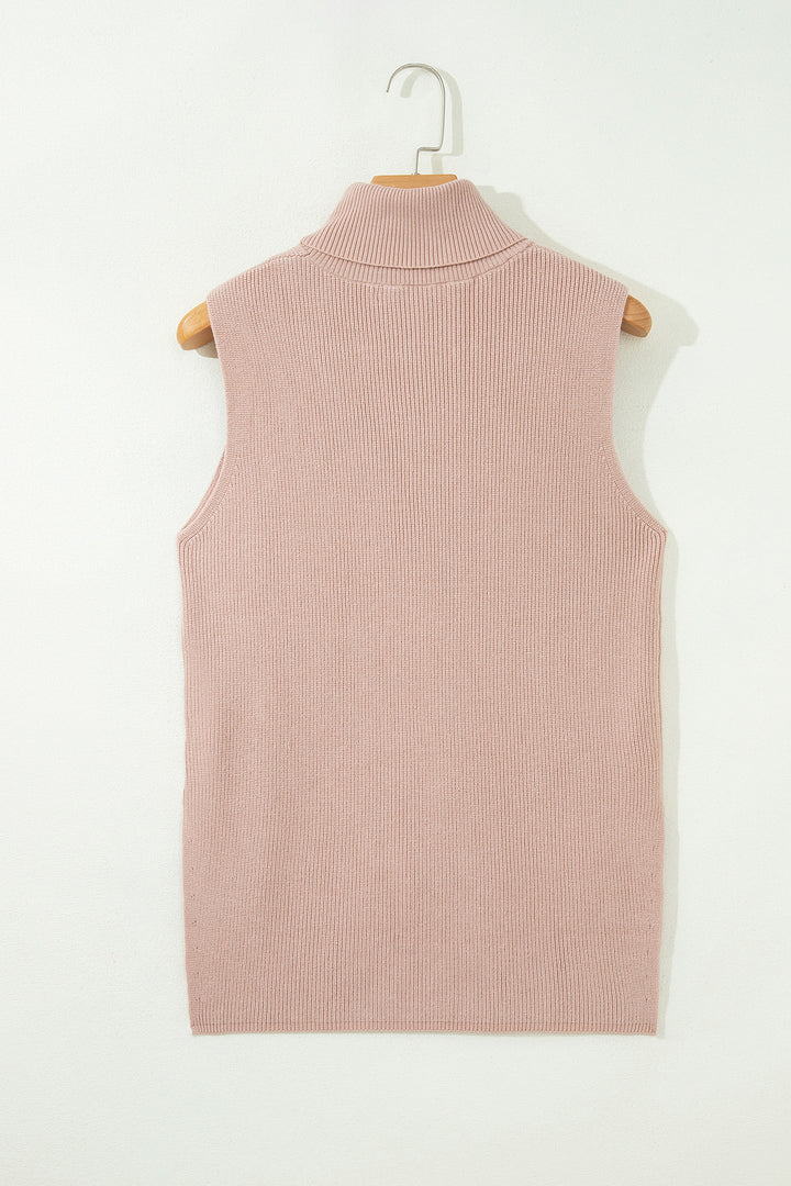Light French Beige Sleeveless High Neck Knit Split Hem Shift Silhouette Wool Sweater Vest