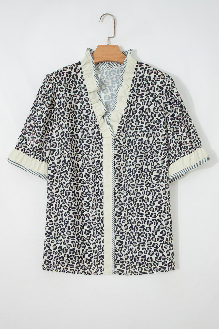 Black Plus Leopard Print Striped Color Block Trim Frilled V Neck Short Sleeve Blouse
