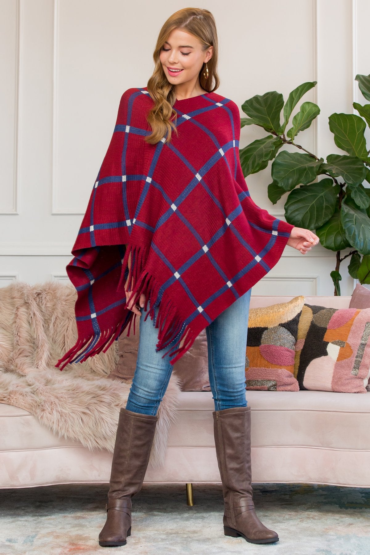 Hdf3010bu - Burgundy Grid Lines Fringed Poncho