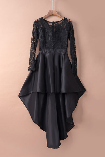 Black Long Sleeve Lace High Low Satin Prom Dress