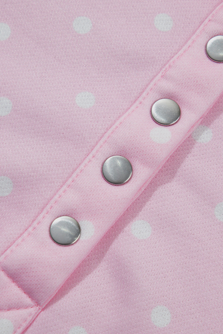 Pink Polka Dot Print Metal Button Collar Casual Pullover Sweatshirt