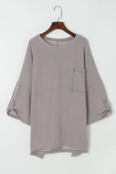 Gray Ribbed Roll-tab Sleeve Chest Pocket Oversize Top