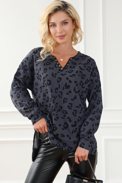 Gray Leopard Print Button Split Neck Waffle Sweatshirt