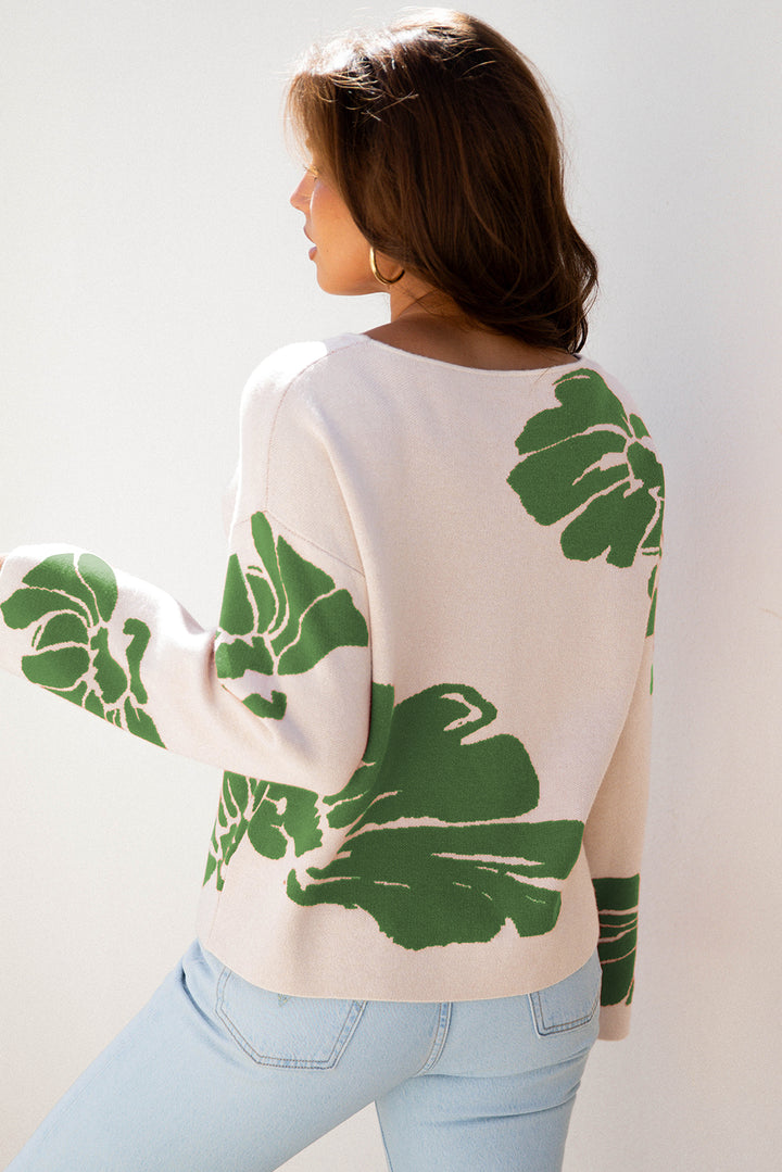 Green Bold Flower Pattern Wide Sleeve Baggy Sweater