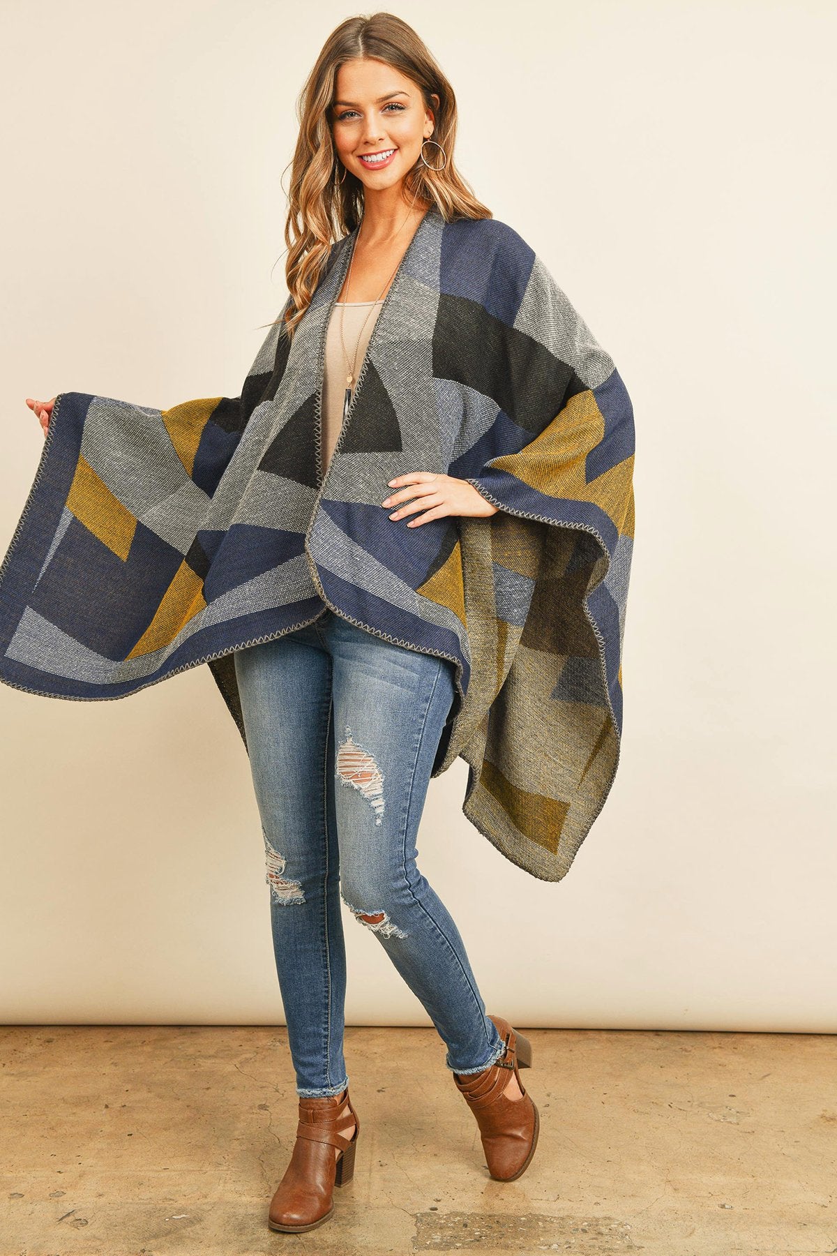 Hdf3149nv - Navy Abstract Pattern Open Front Kimono