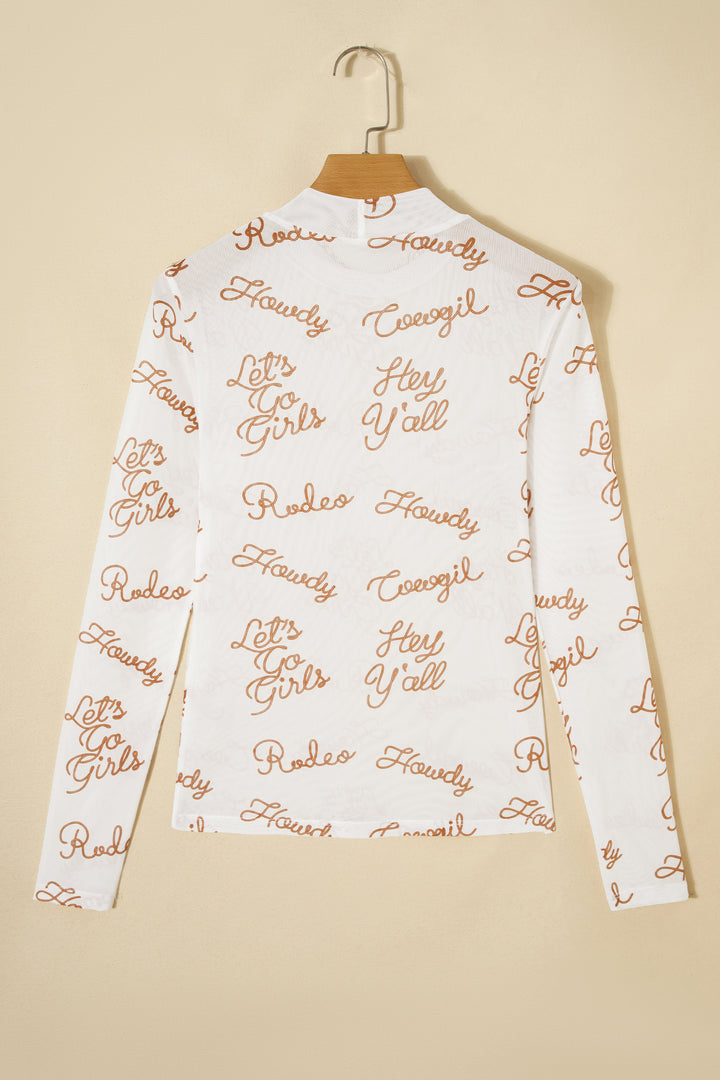 White Howdy Hey Yall Mesh High Neck Long Sleeve Top