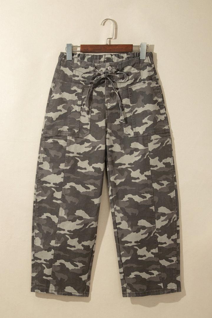 Green Leopard Printed Drawstring Elastic Waistband Pocketed Barrel Jeans