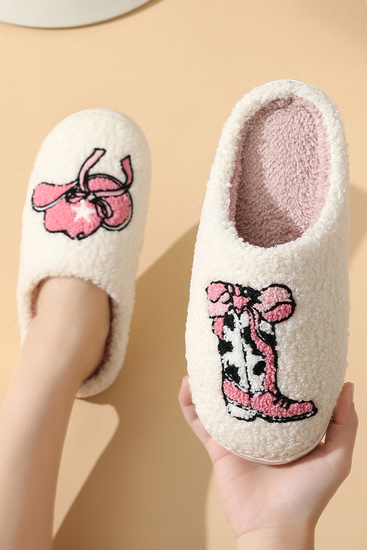 White Cowgirl Hat &amp; Boot Printed Plush Thermal Home Slippers