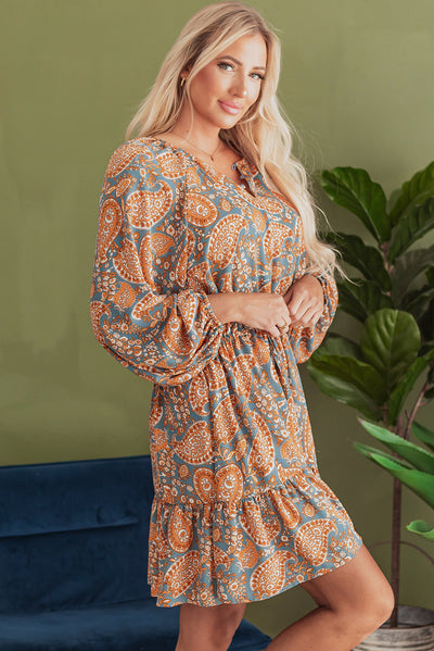 Orange Paisley Print Loose Fit Drawstring High Waist Mini Dress