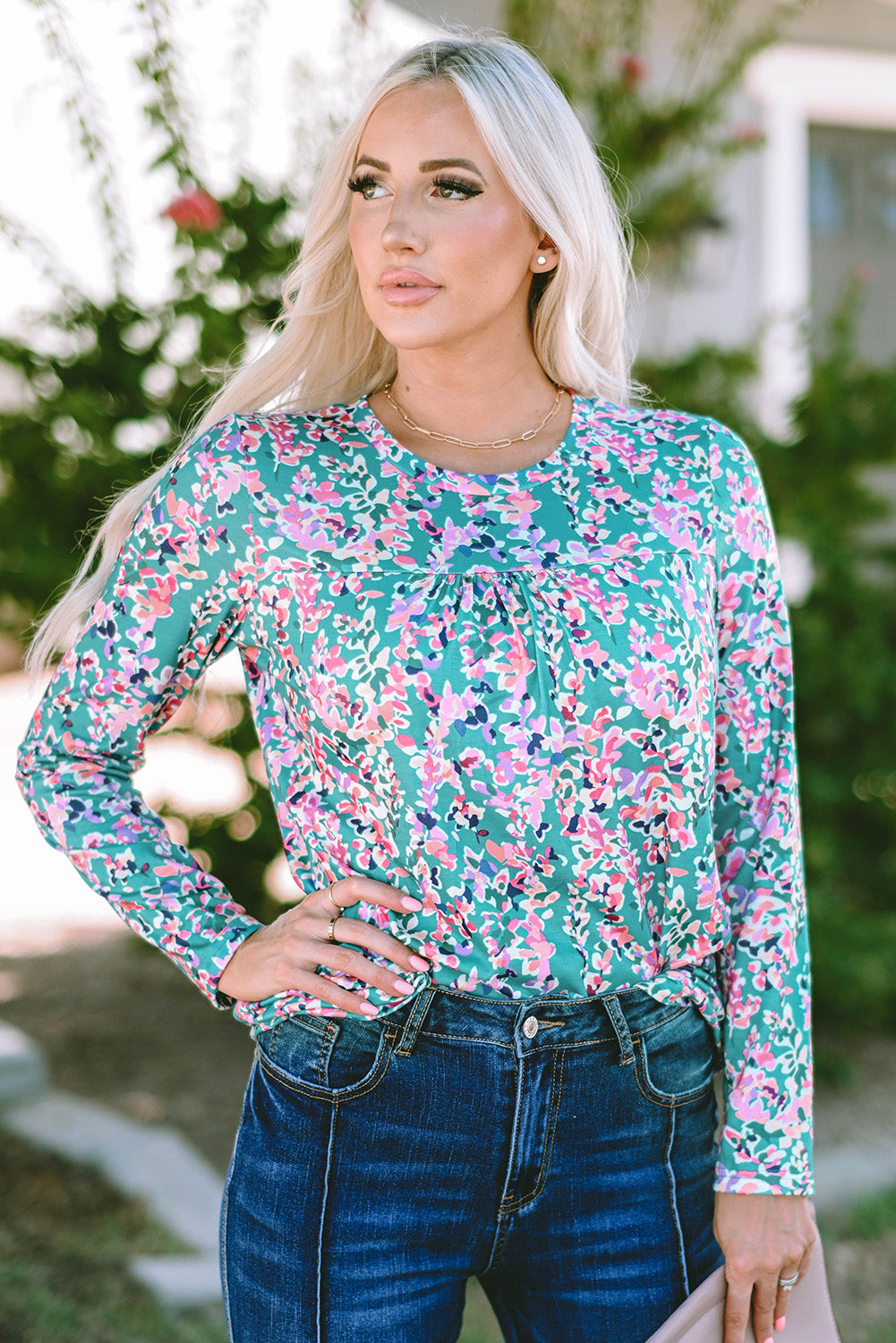 Green Floral Pleated Round Neck Long Sleeve Blouse