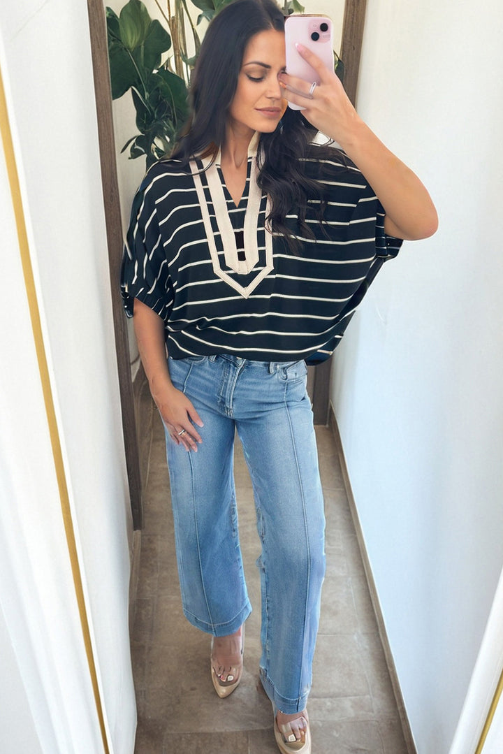 Black Stripe Stand Collar V Neck Elastic Cuffs Half Sleeve Dolman Top