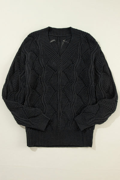 Black Hollow Out Knit V Neck Drop Shoulder Sweater