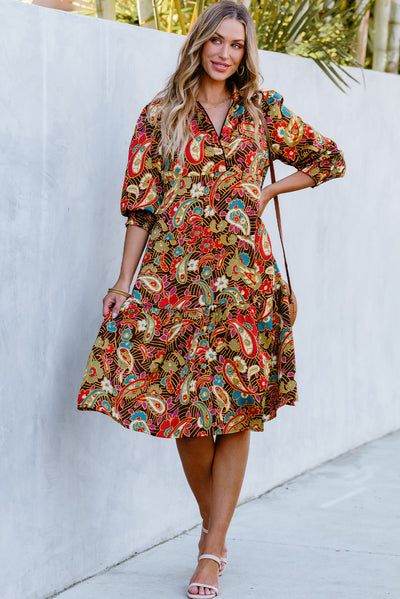 Yellow Paisley Mixed Print Collared 3/4 Sleeve Midi Dress