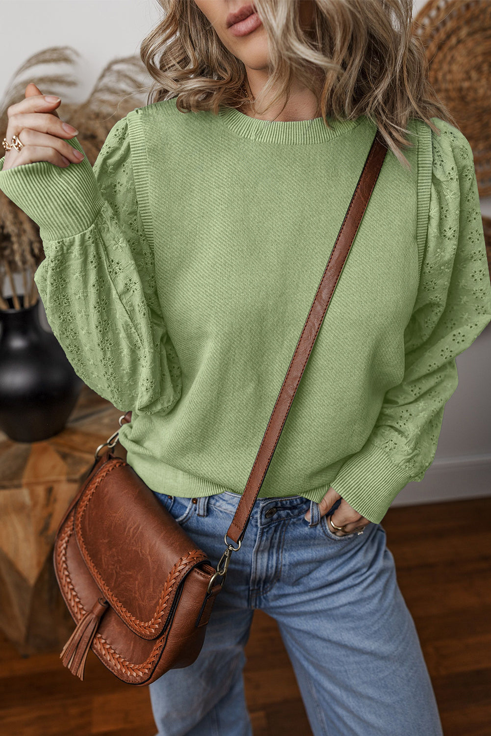 Mist Green Solid Patchwork Sleeve Round Neck Sweatshirt