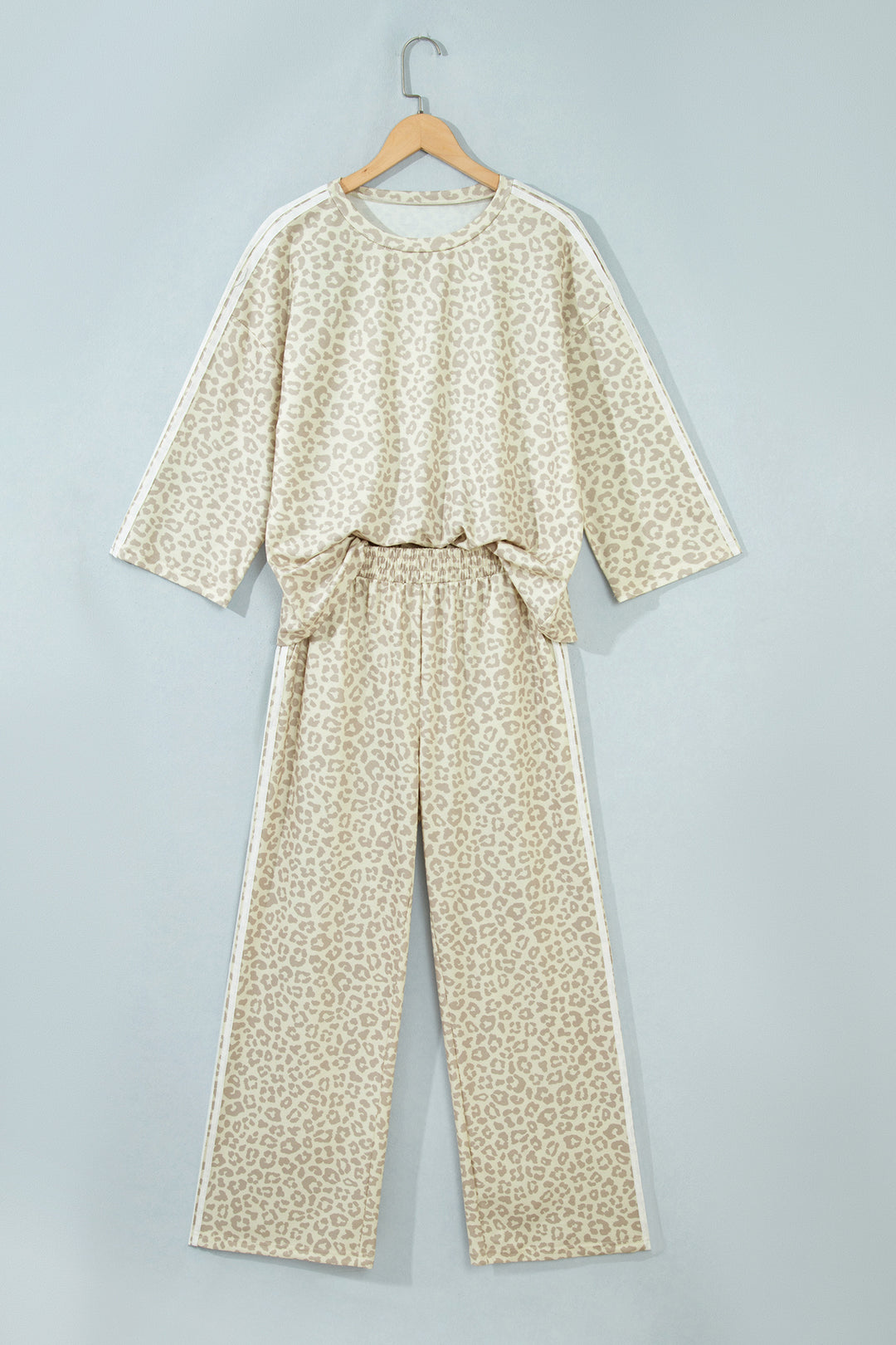Gray Leopard Print Varsity Striped Detail 3/4 Sleeve Top Shift Pant Set