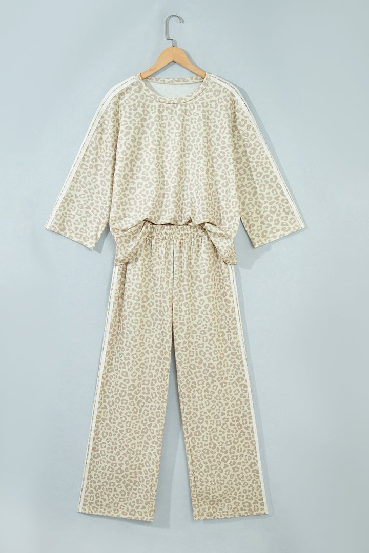 Gray Leopard Print Varsity Striped Detail 3/4 Sleeve Top Shift Pant Set