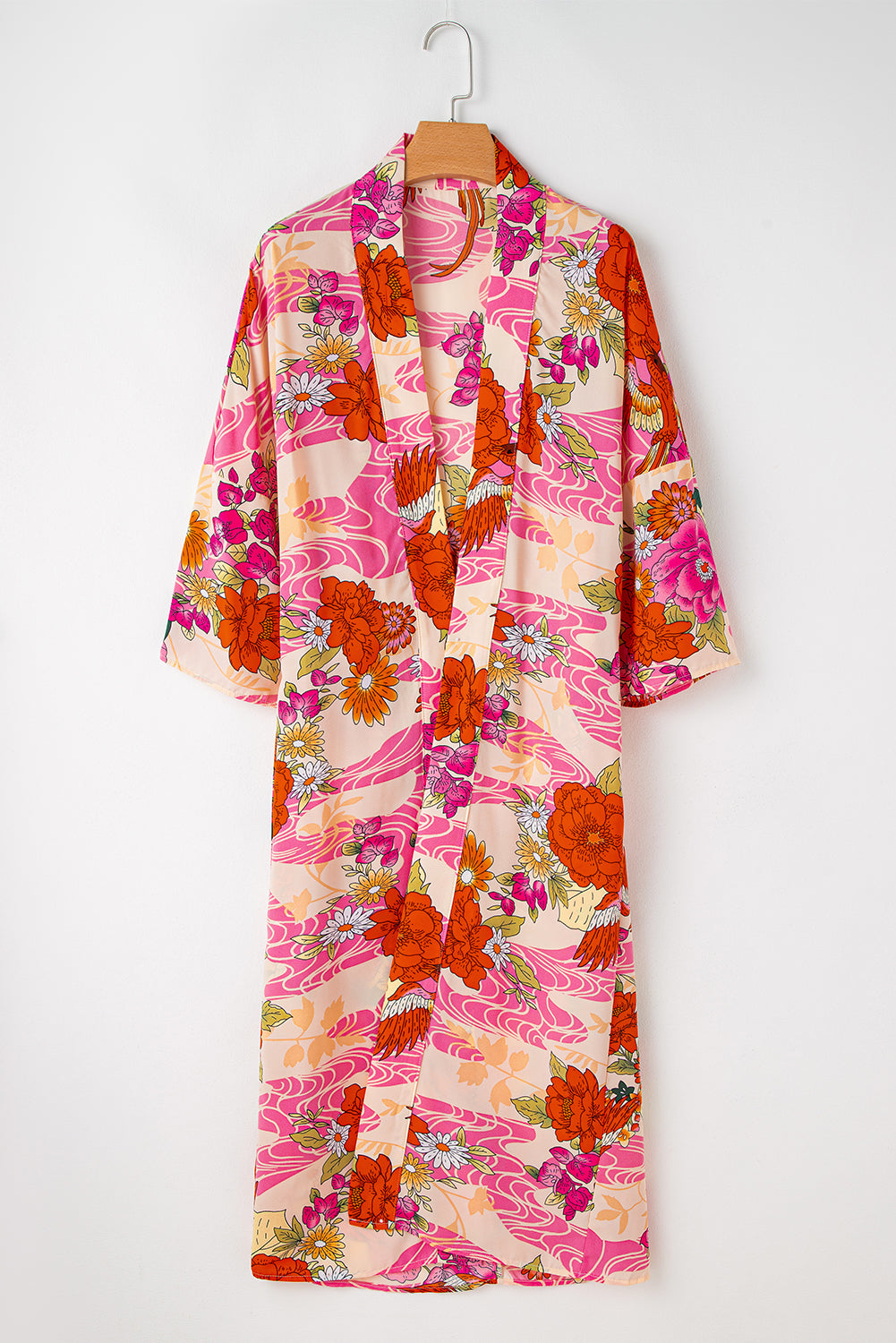 Pink Floral Allover Print Open Front Belted Duster Kimono