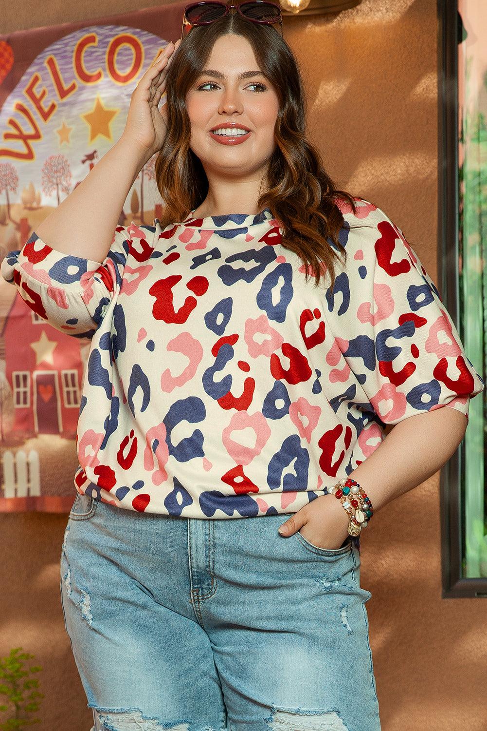 White Colorful Leopard Print Batwing Sleeve Plus Blouse