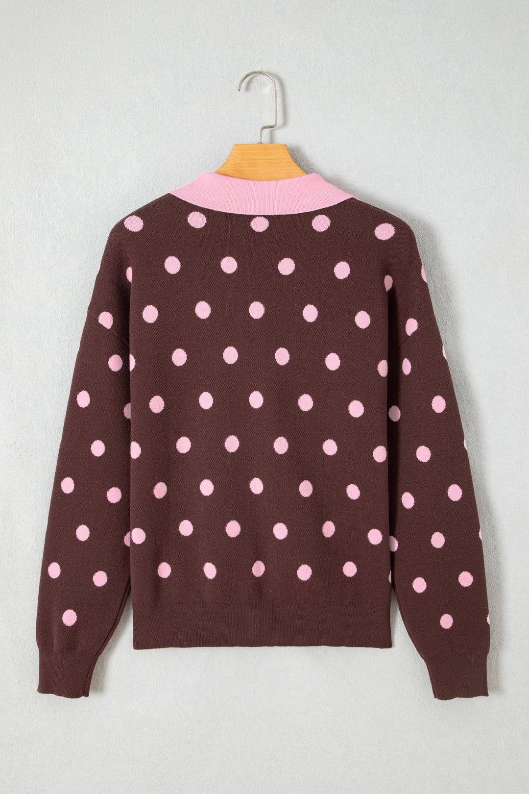 Pink Polka Dot Pattern Color Block Collared Loose Pullover Sweater