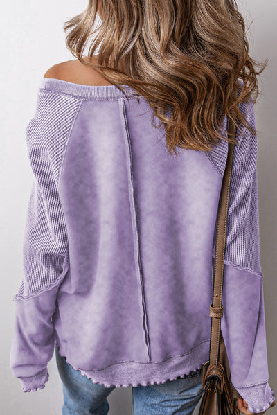 Orchid Petal Textured Patchwork Frilled Trim Plus Size Pullover Sweatshirt