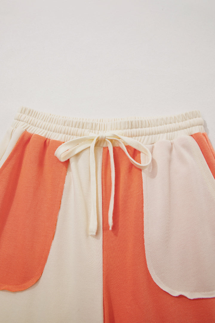 Russet Orange Raw Seam Colorblock Wide Leg Ankle Length Casual Pants